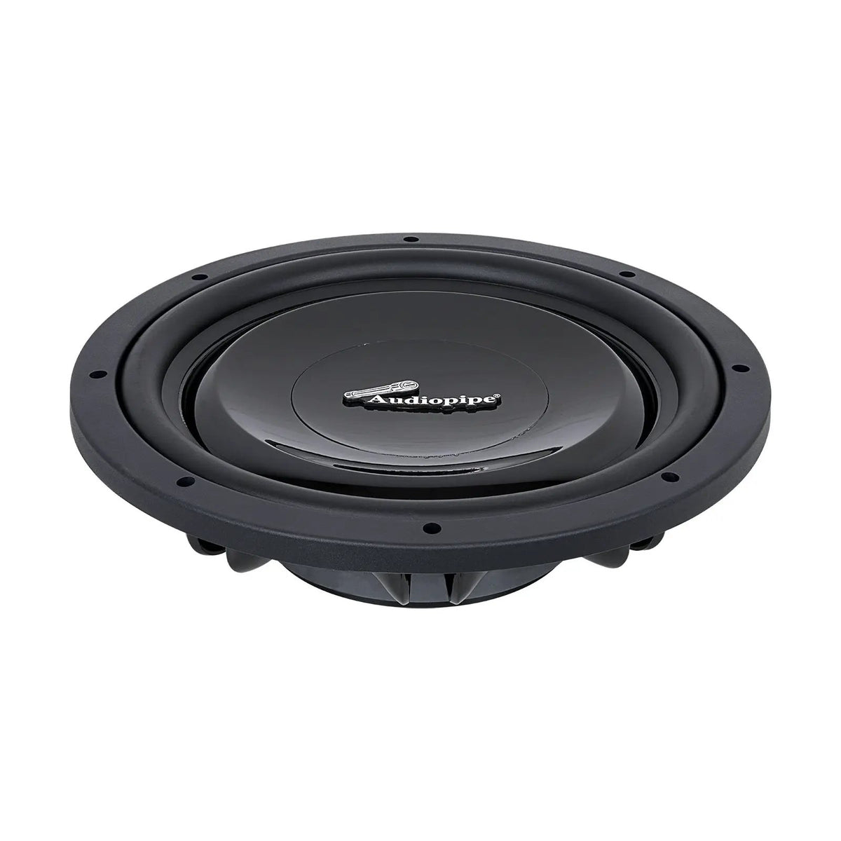 Low front view of a shallow Audiopipe subwoofer with smooth black cone and silver logo