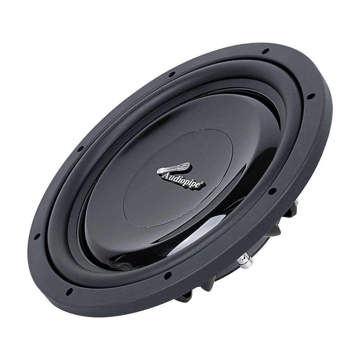 Audiopipe shallow-profile subwoofer with a glossy black cone, angled view