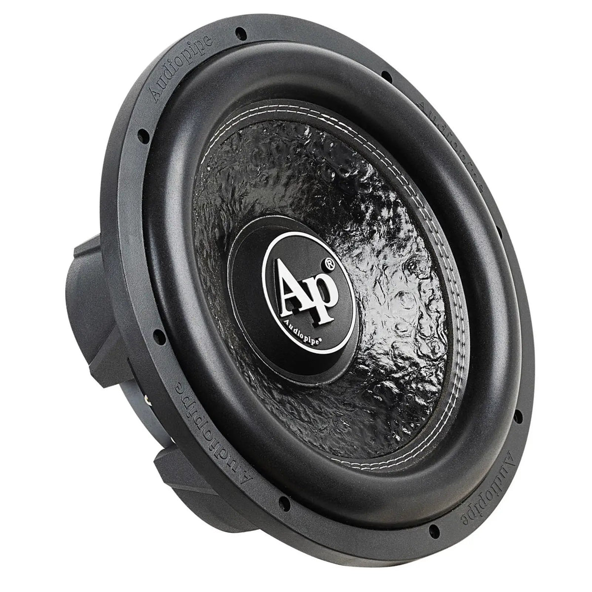 Audiopipe subwoofer with a textured black cone and AP logo, angled view