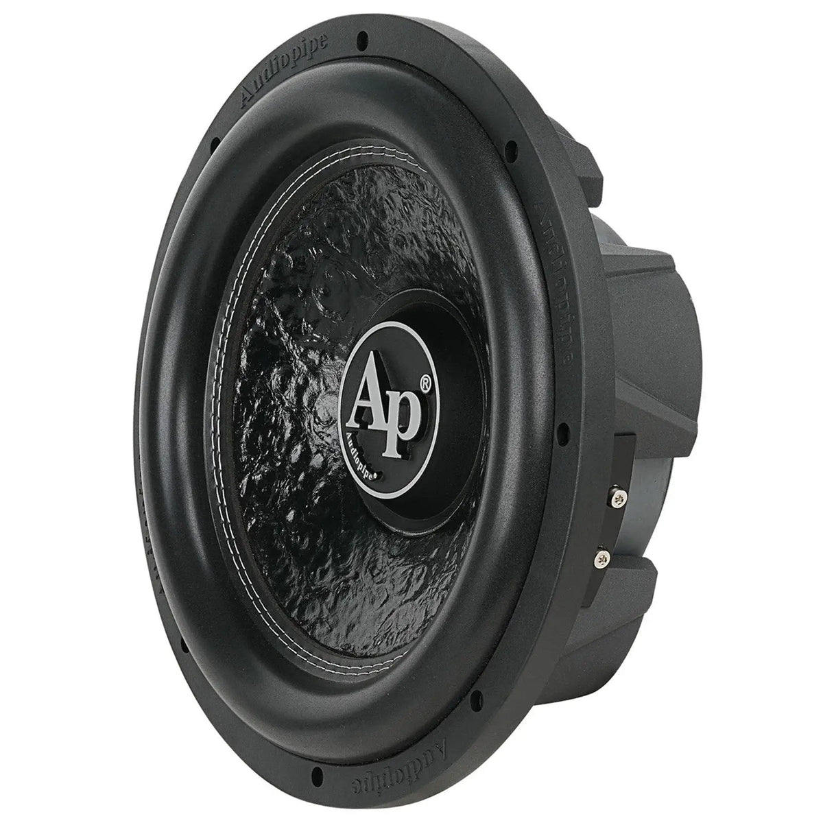 Audiopipe subwoofer with a textured black cone and AP logo, angled view