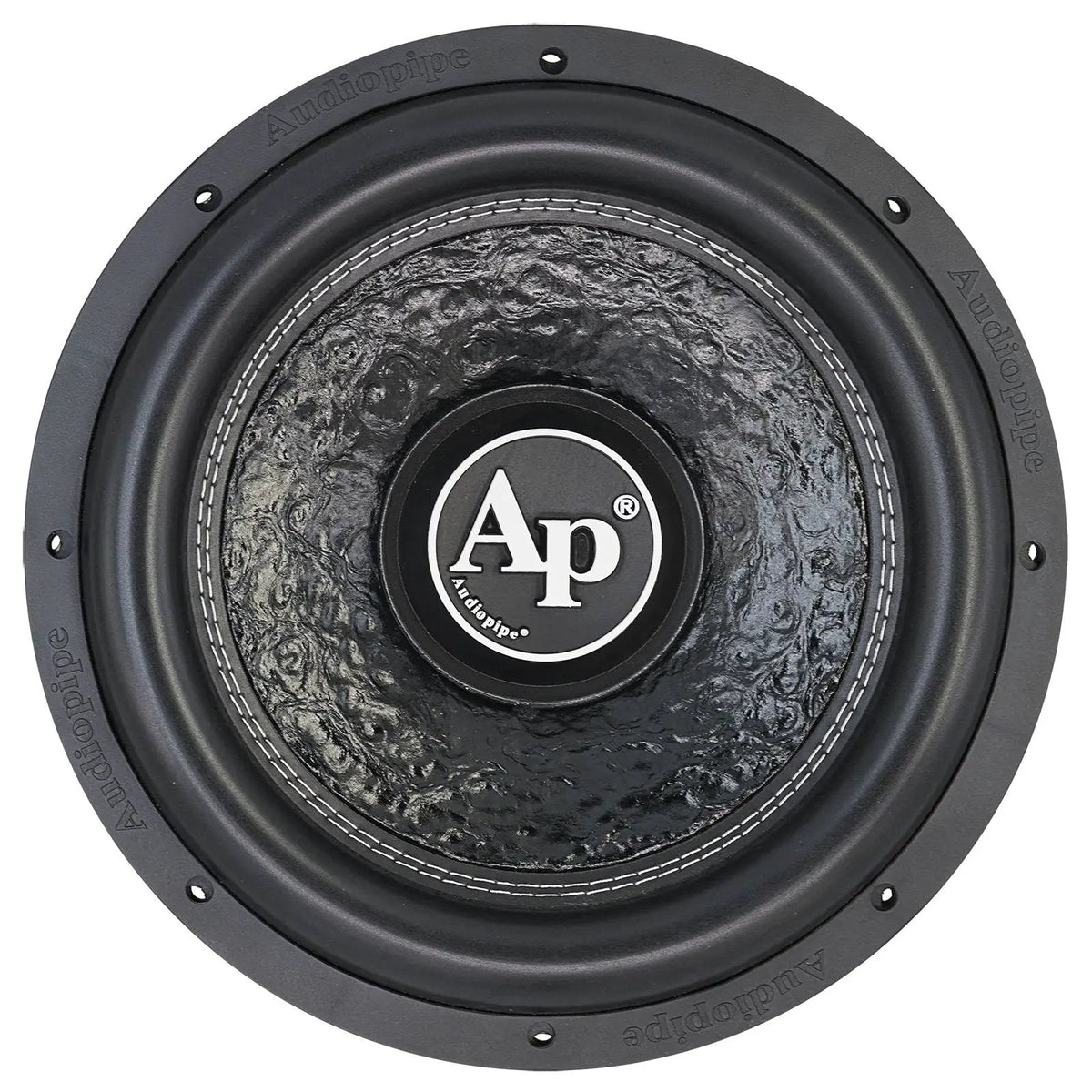 Audiopipe subwoofer with a textured black cone and AP logo, front view