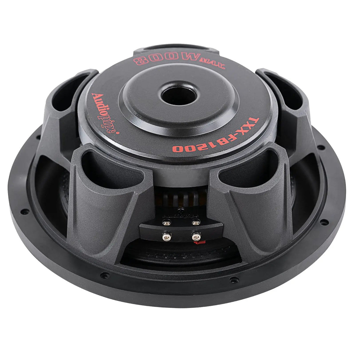 Rear-angled view of an Audiopipe shallow subwoofer showing terminal block and vented magnet cover