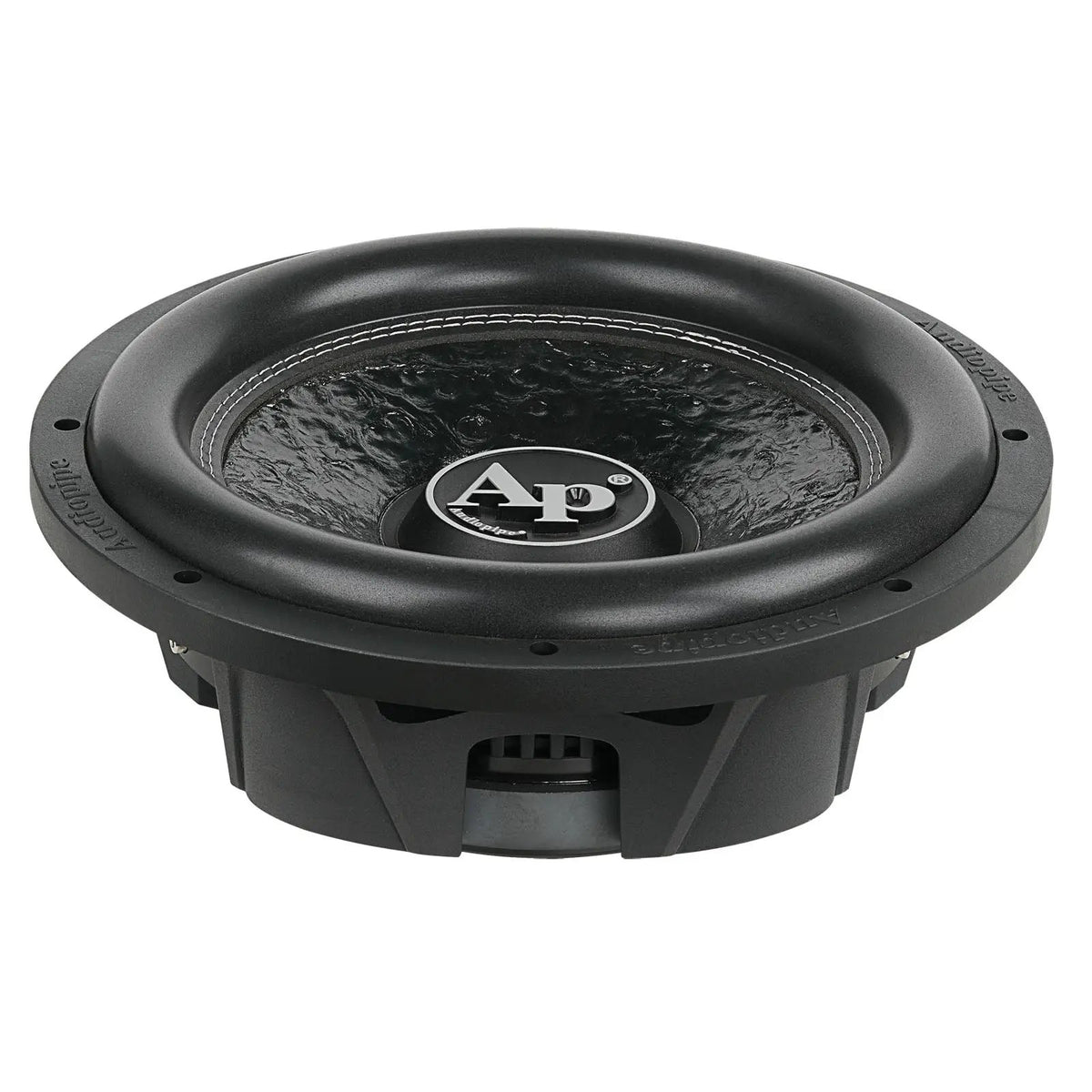 Audiopipe shallow-profile subwoofer with a textured black cone, upper angled view
