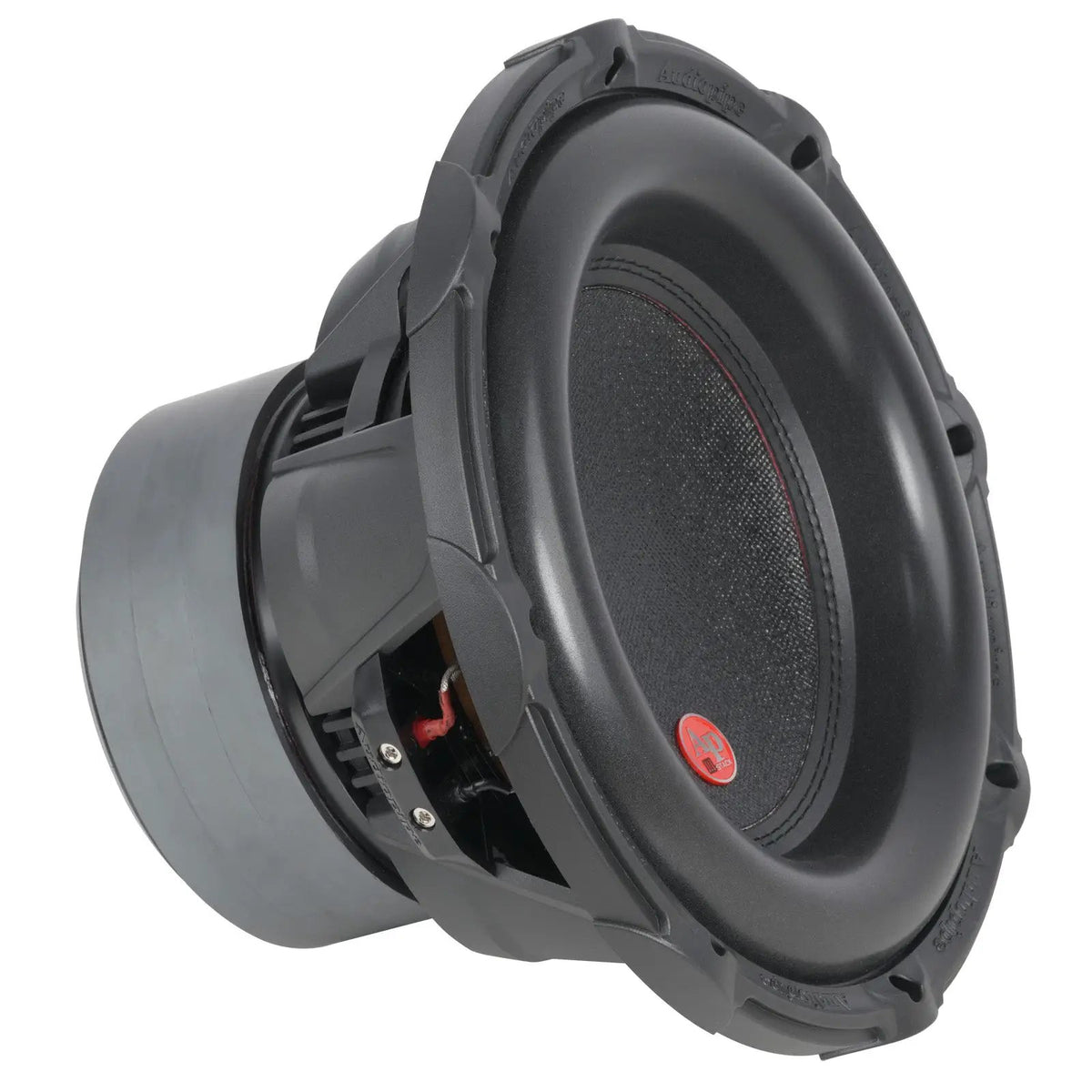 Angled front view of an Audiopipe subwoofer with small red cone badge and magnet to the left