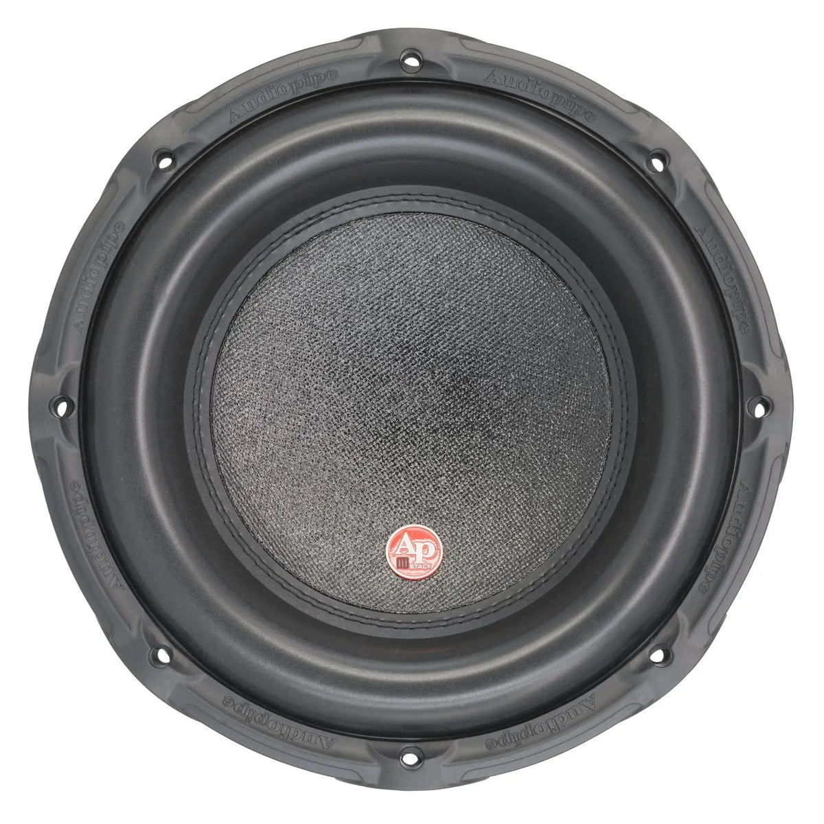 Audiopipe subwoofer with a black cone and small red badge, front view
