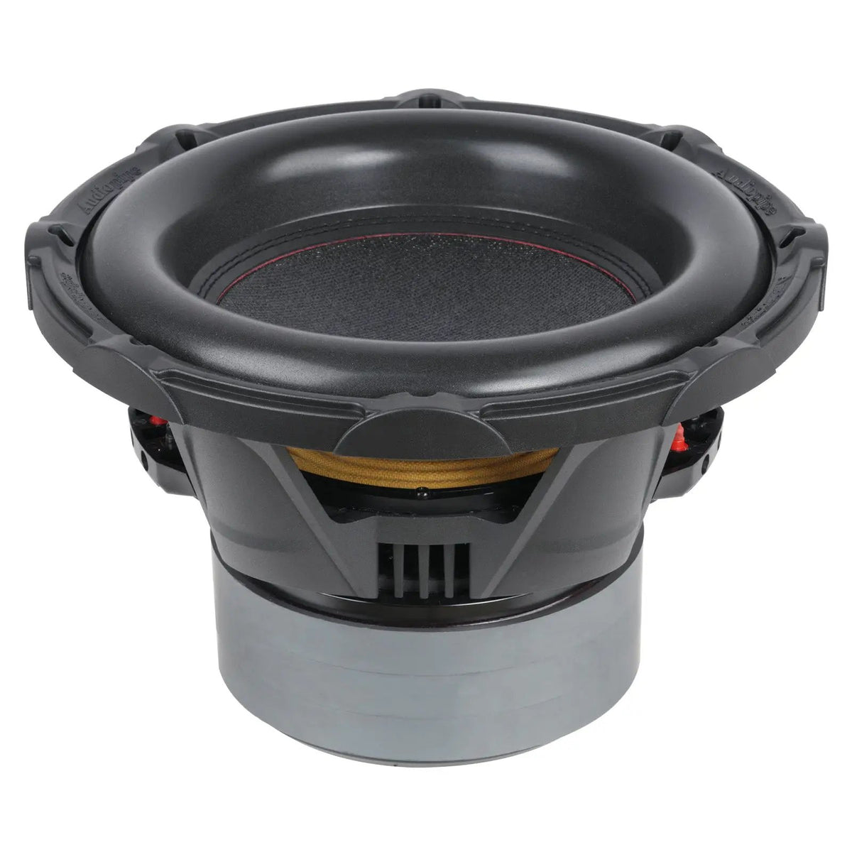 Side-angled view of an upright Audiopipe subwoofer with yellow suspension visible through its basket