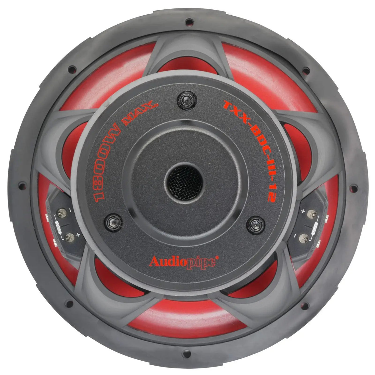 Rear view of an Audiopipe subwoofer marked TXX-BDC-III-12 and 1800W Max