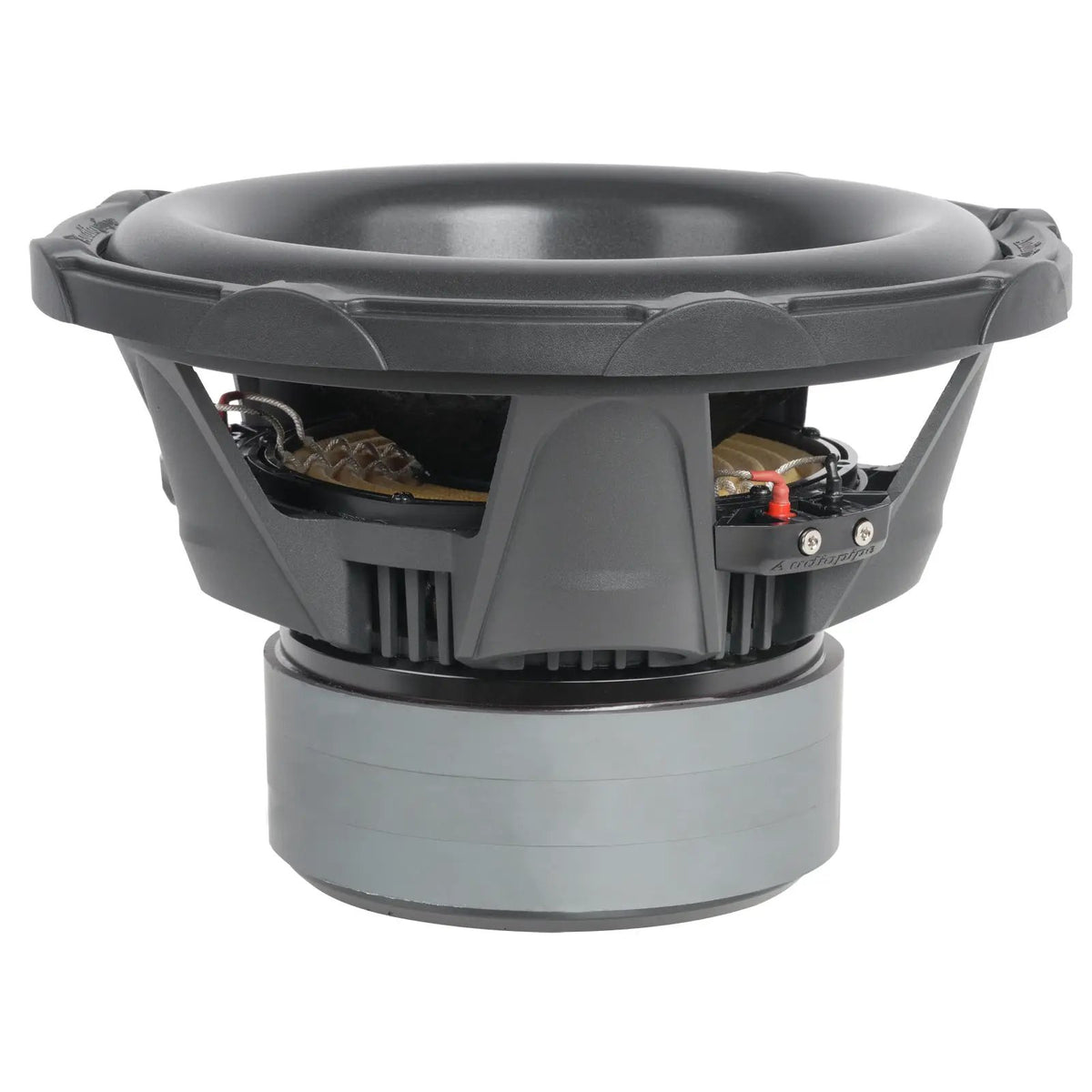 Subwoofer, upper angled view showing the black cone, basket and terminals