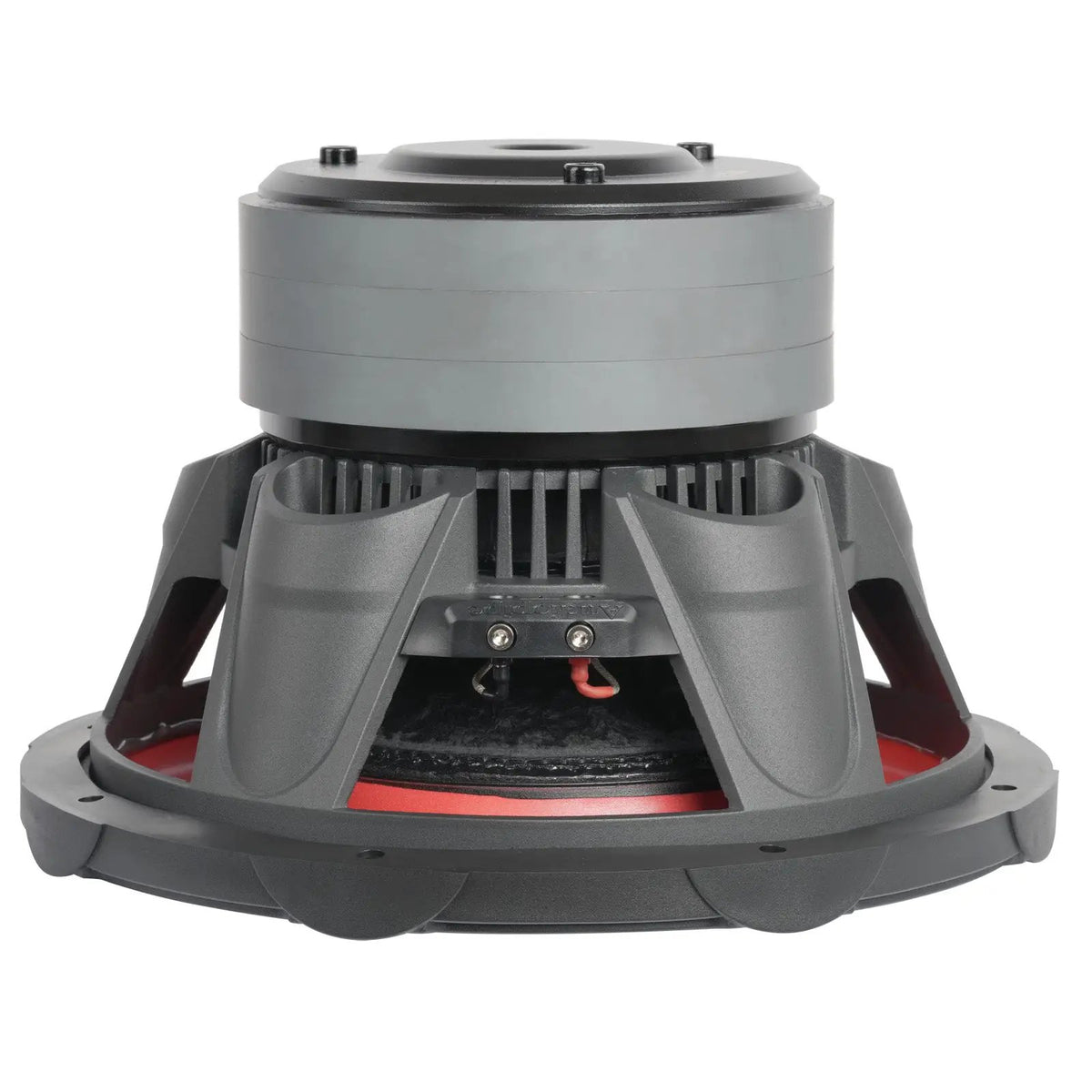 Subwoofer rear-side view showing the stacked motor, basket and terminal leads