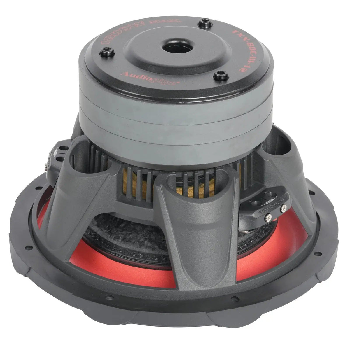 Rear-angled view of an Audiopipe subwoofer with stacked magnet, broad basket ribs and red underside