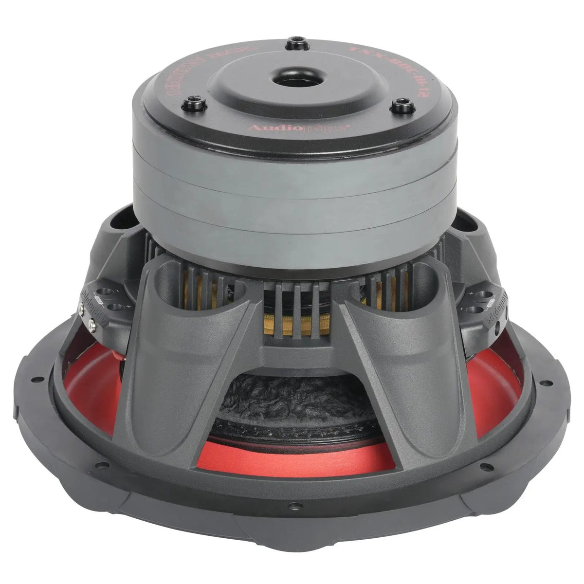 Rear view of an Audiopipe subwoofer showing magnet vent, basket ribs and red underside