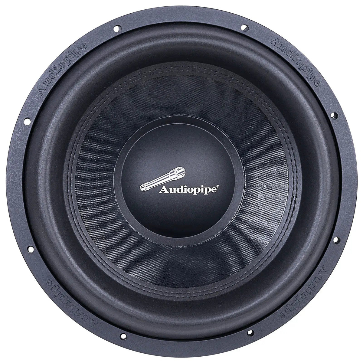 Front view of a black Audiopipe subwoofer with a stitched surround and logo center cap