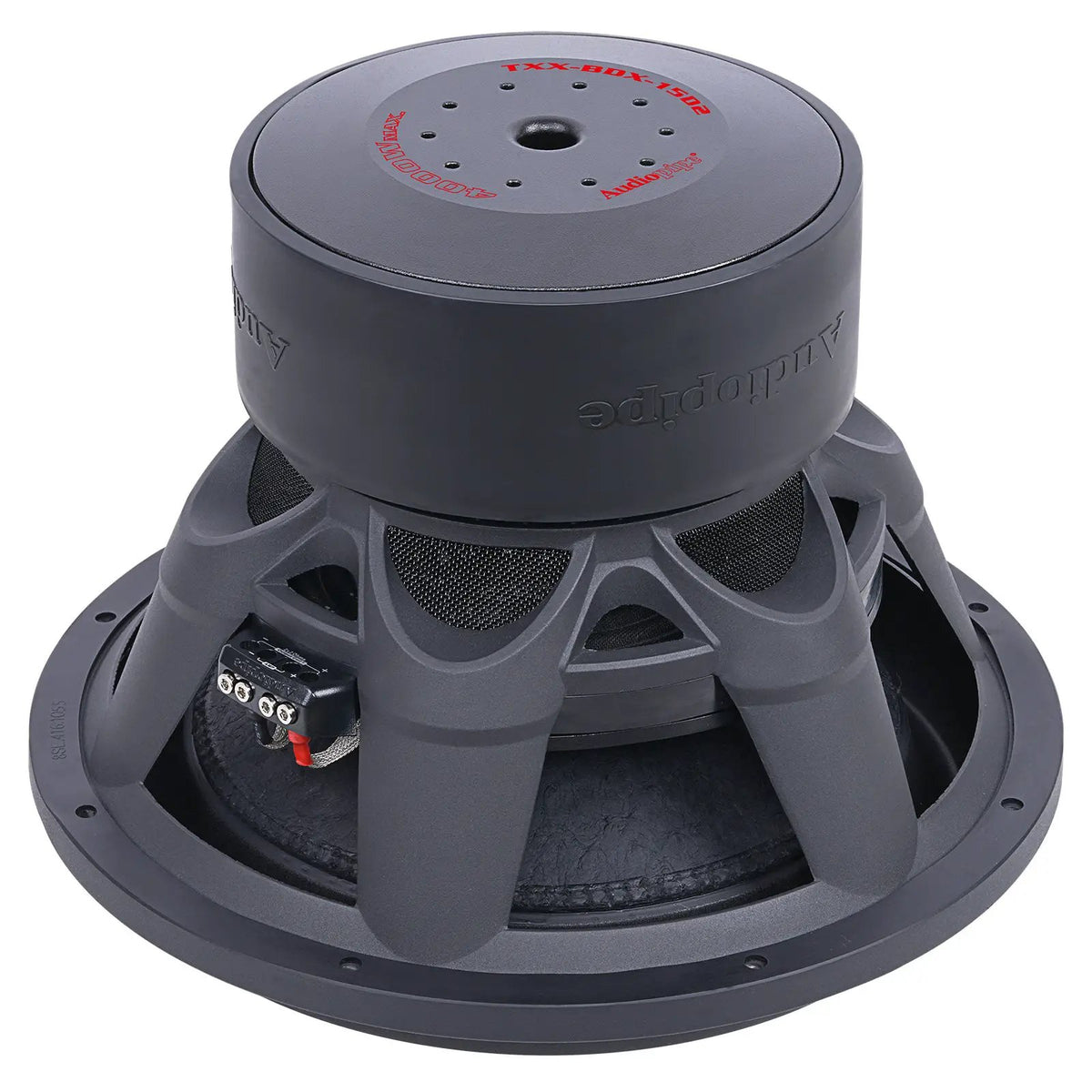Rear of Audiopipe subwoofer with large gray magnet, open basket and terminals