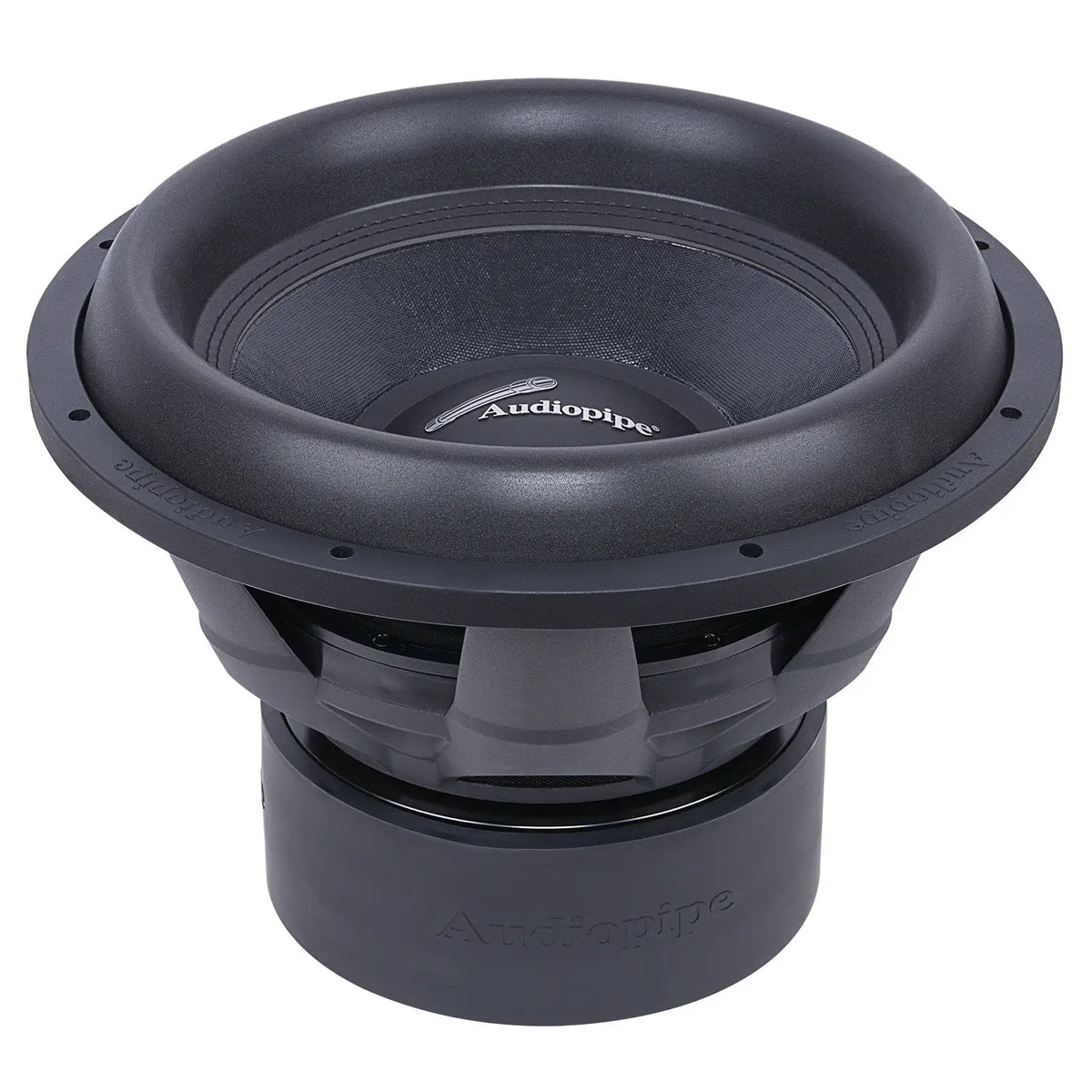Audiopipe subwoofer with a broad black surround, upper angled view