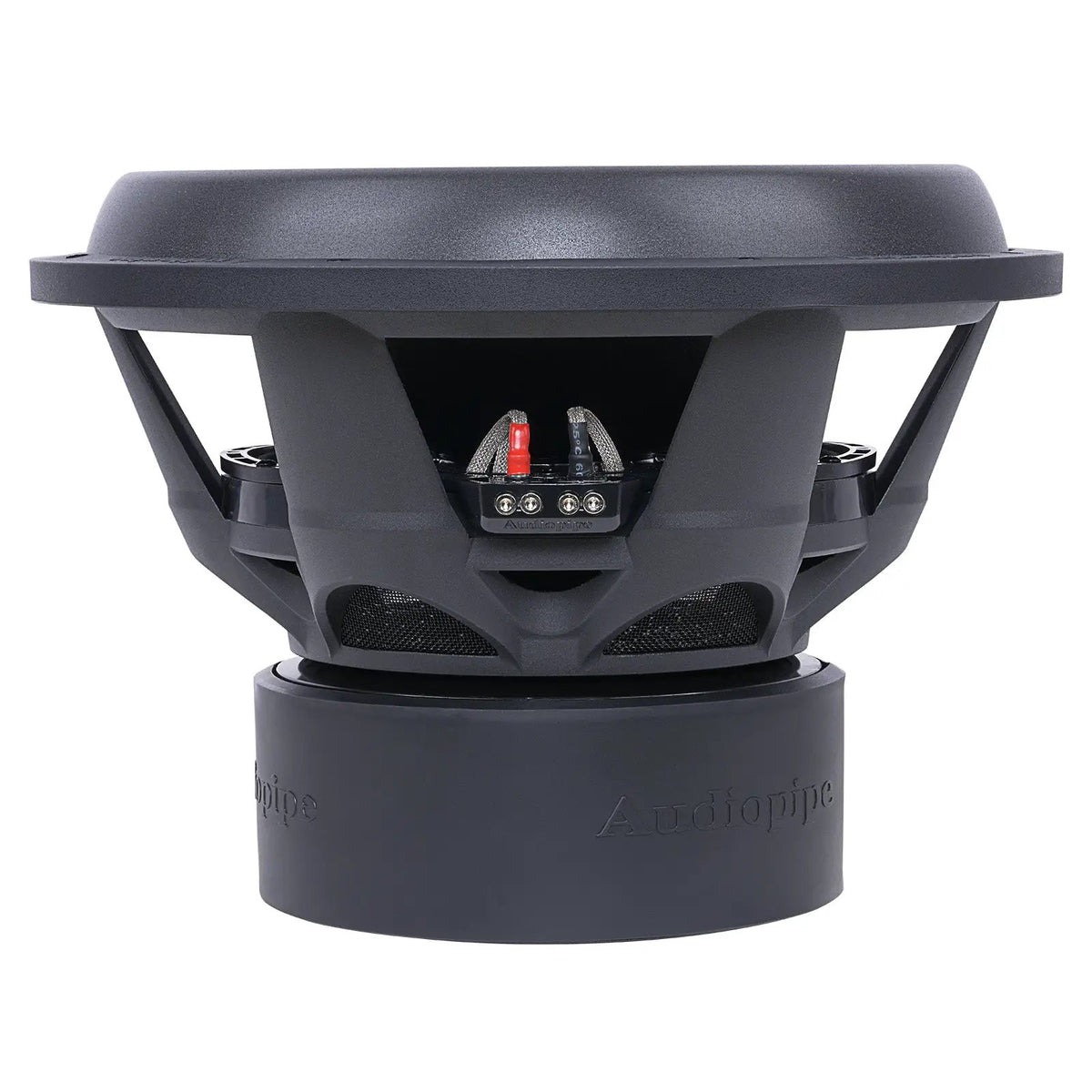 Side view of an Audiopipe subwoofer showing its deep basket, magnet cover and red-and-black terminals