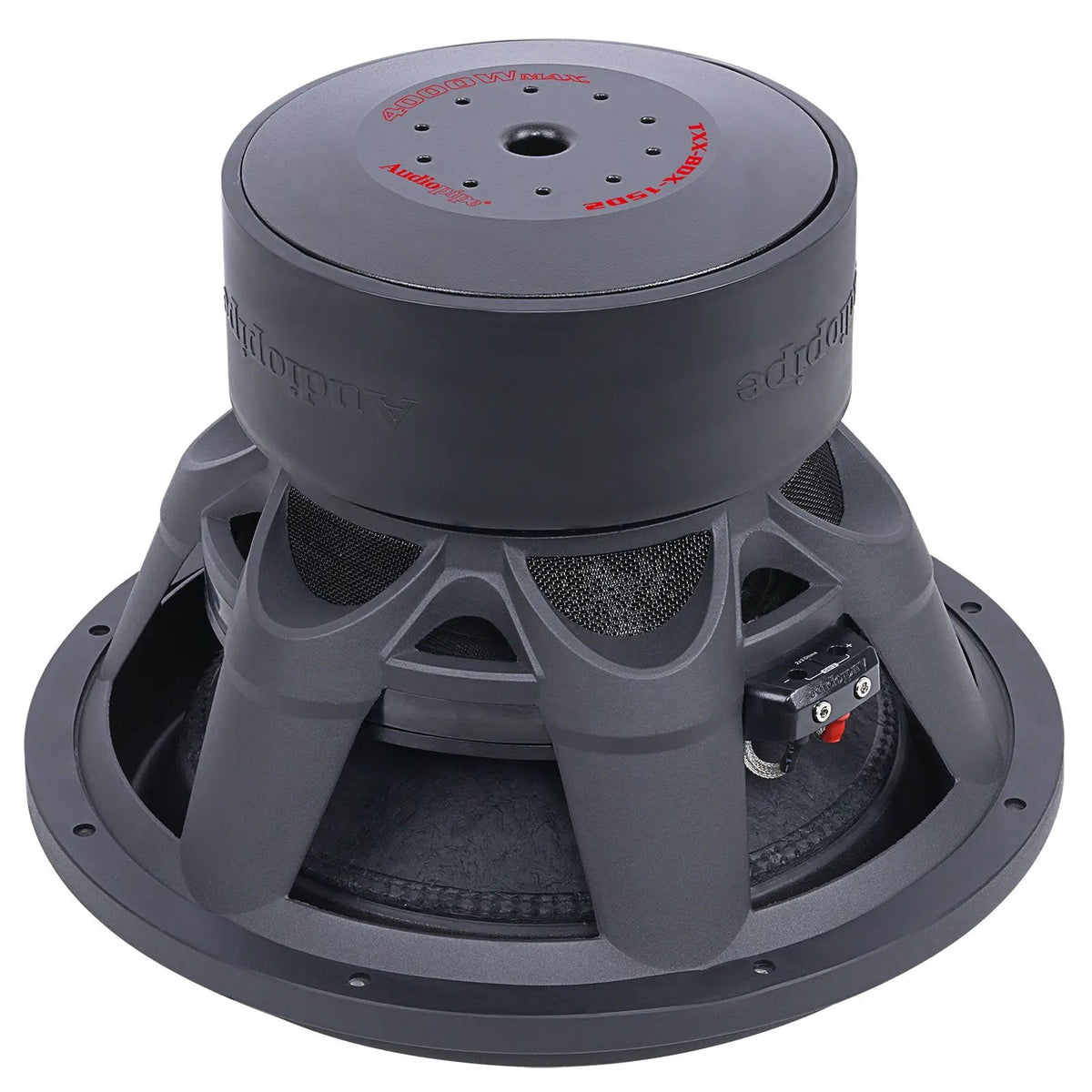 Rear angled view of an Audiopipe TXX-BDX-15D2 subwoofer showing its model-marked magnet and basket