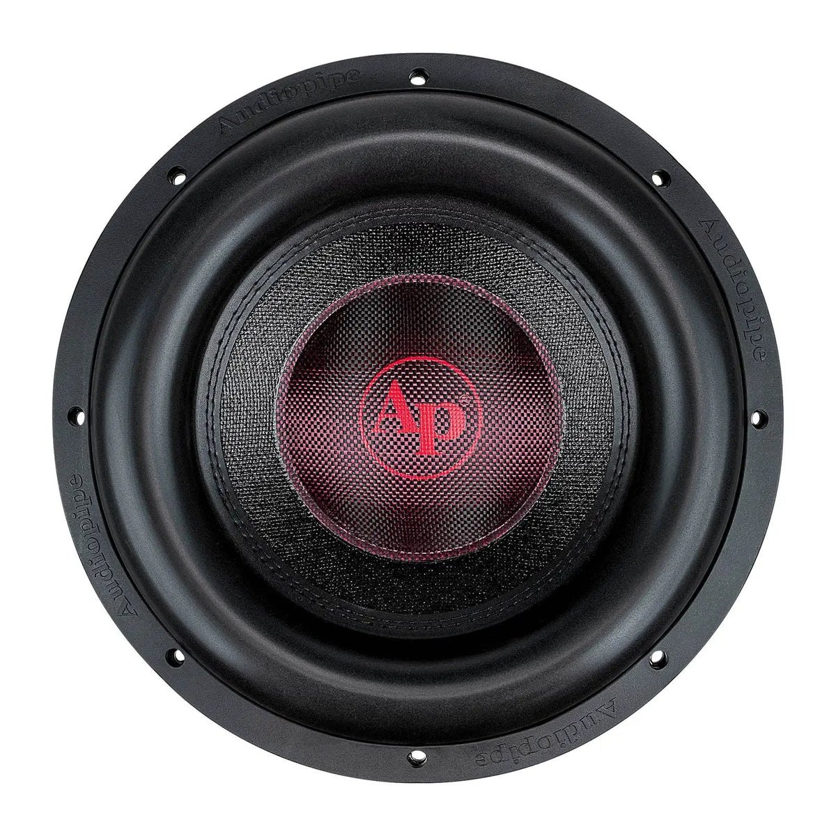 Front view of an Audiopipe subwoofer with a black woven cone, red AP logo and broad surround