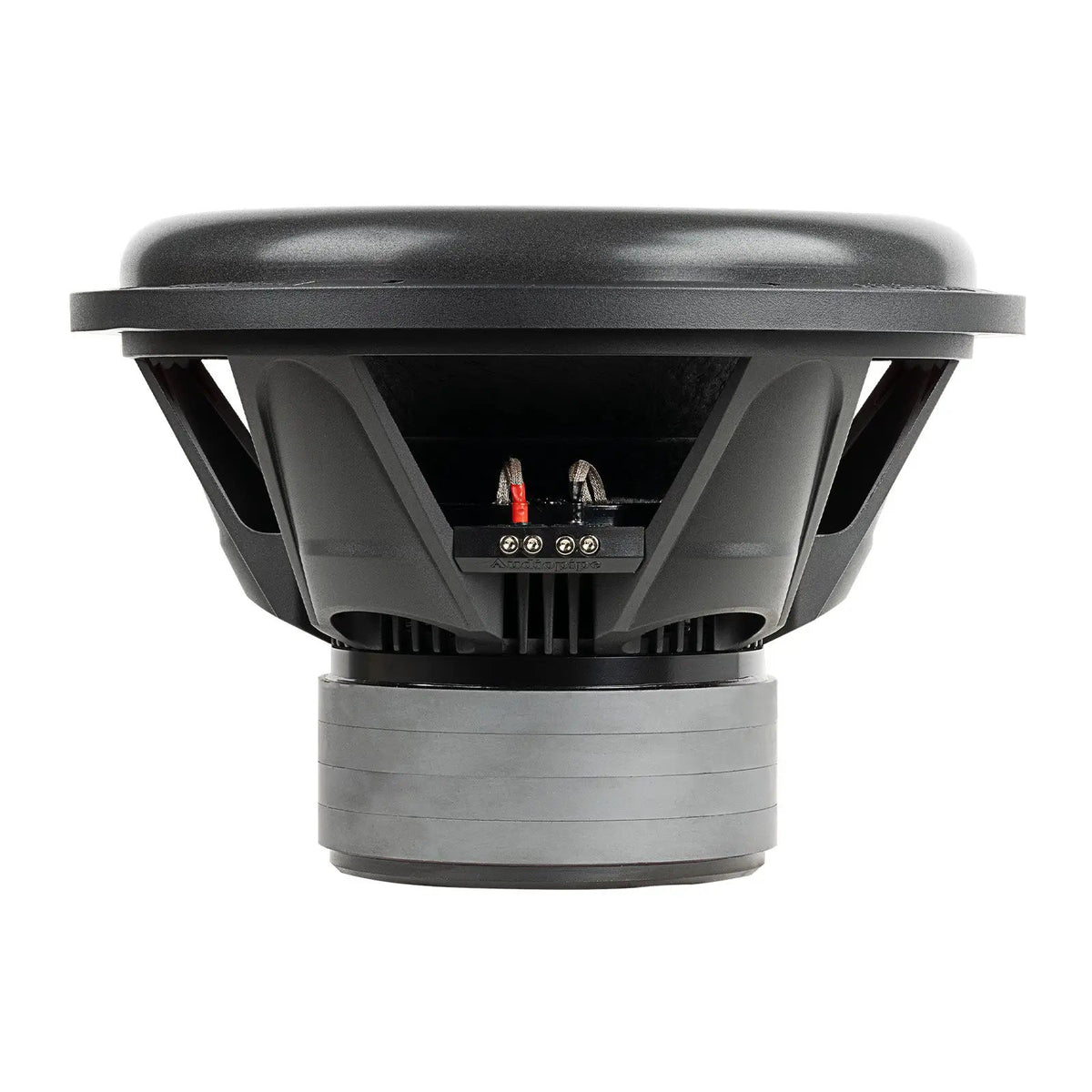 Subwoofer side view showing the open black basket, terminal block and stacked gray magnet