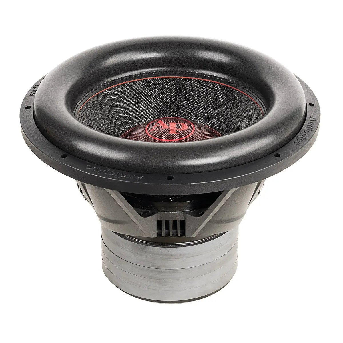 Audiopipe subwoofer with a red logo, broad surround and stacked motor, upper angled view