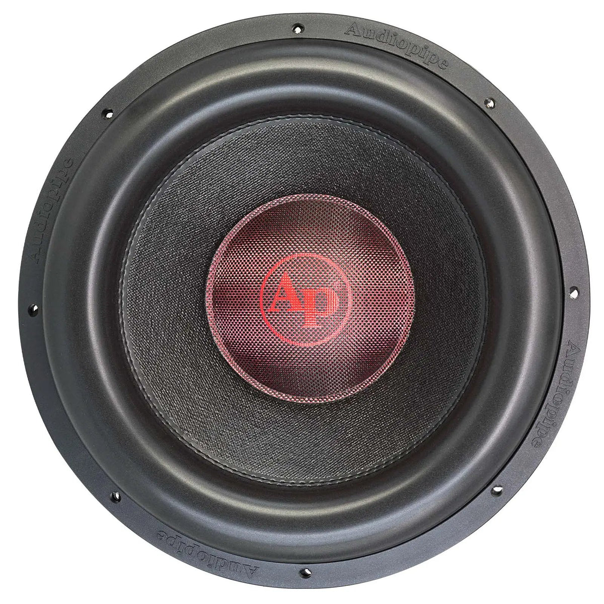 Audiopipe subwoofer with a black cone and red center logo, front view