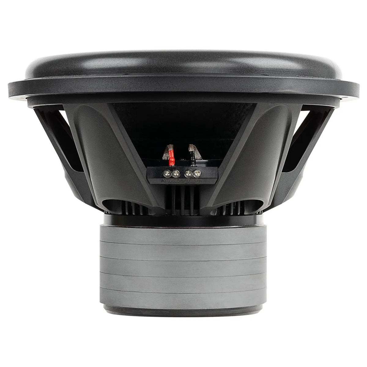 Side view of an Audiopipe subwoofer showing its black basket, terminal block and stacked gray magnet
