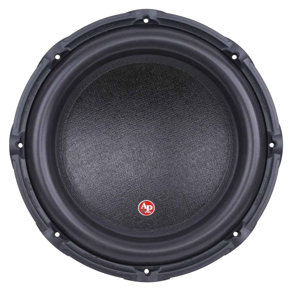 Audiopipe subwoofer with a black cone and small red badge, front view