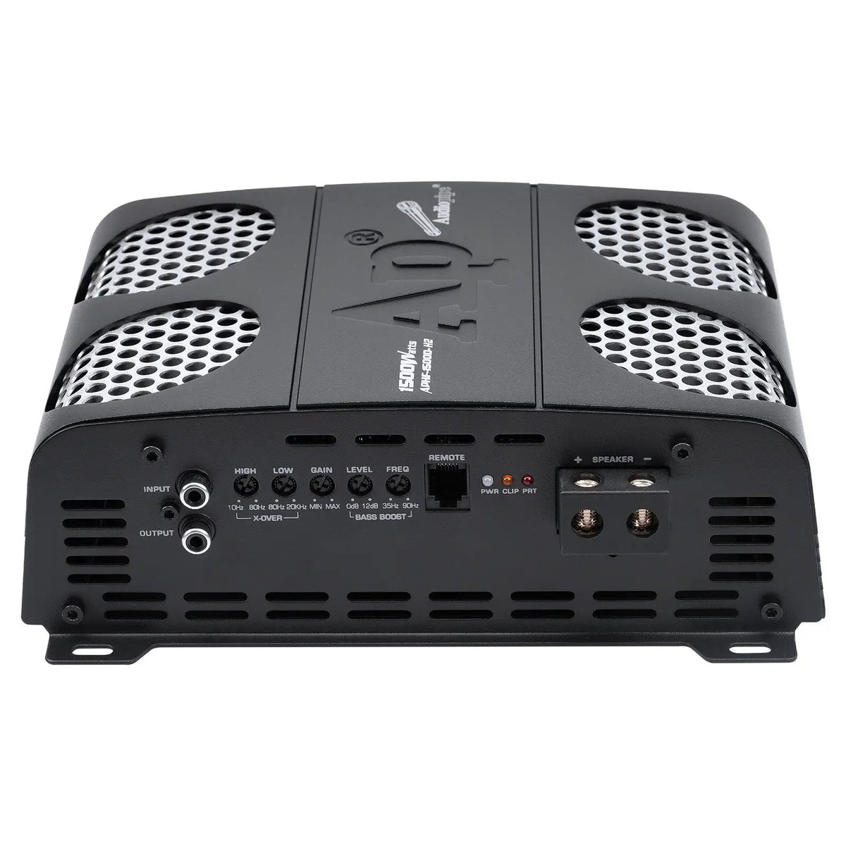 Audiopipe amplifier angled front view showing its input, adjustment controls and speaker terminals