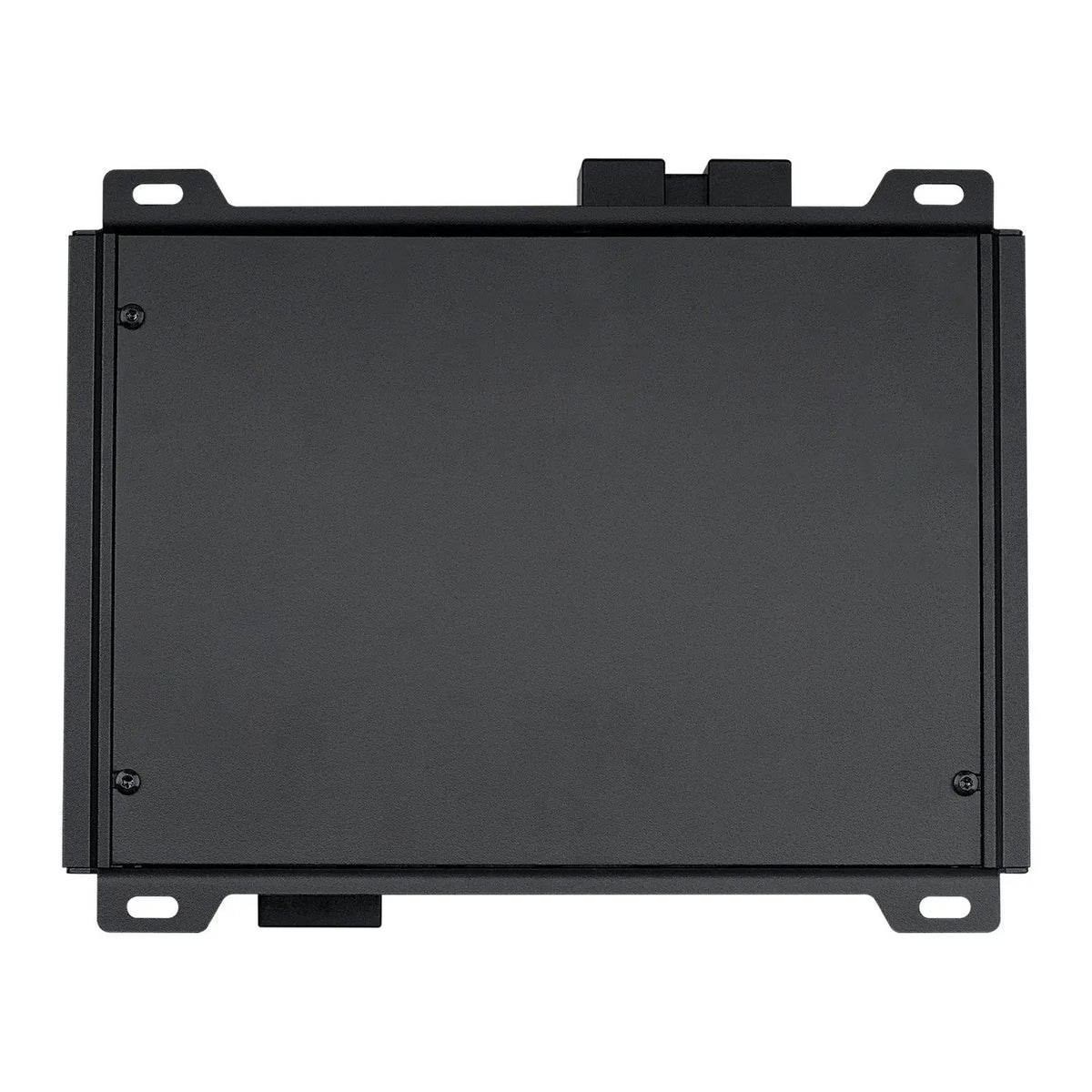 Bottom view of a black amplifier with a plain rectangular cover and slotted mounting tabs