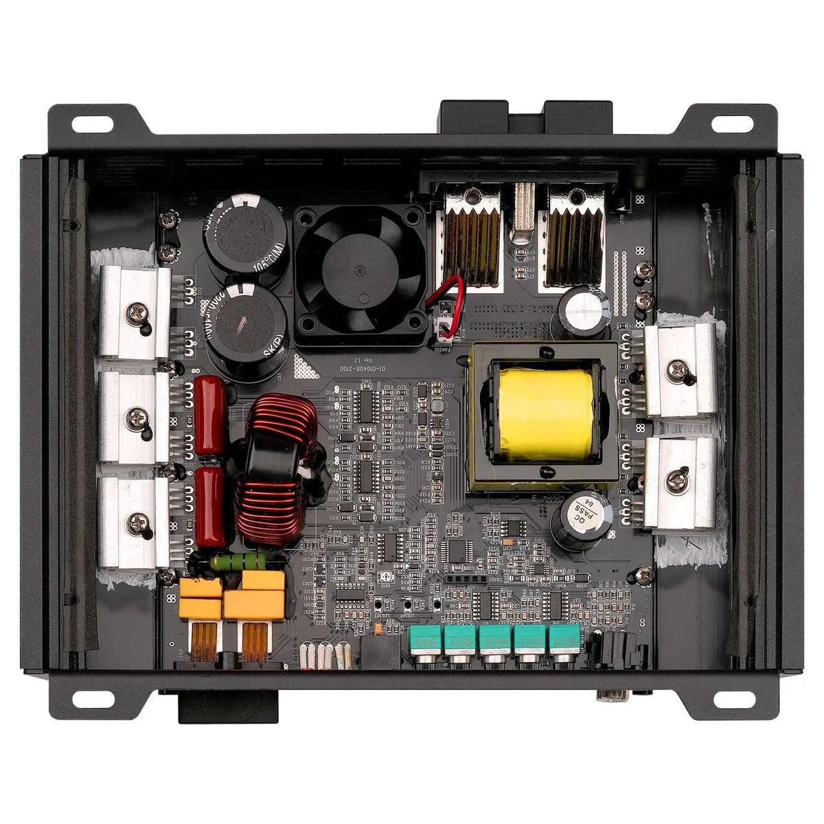 Audiopipe amplifier with cover removed, showing its circuit board and internal components