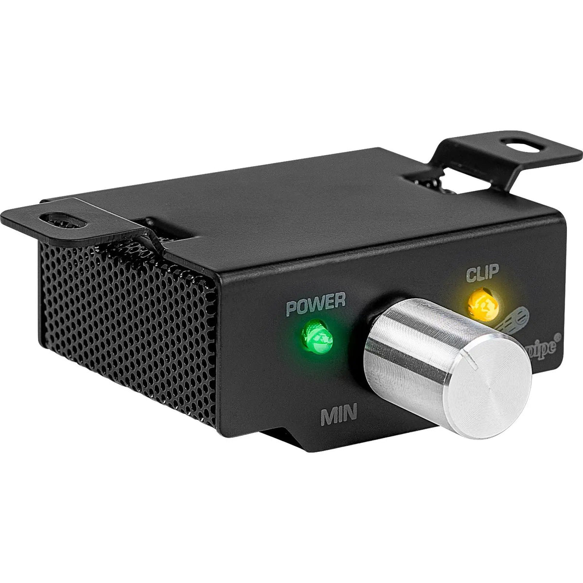 Amplifier remote with silver knob, mounting tabs and power and clip indicators