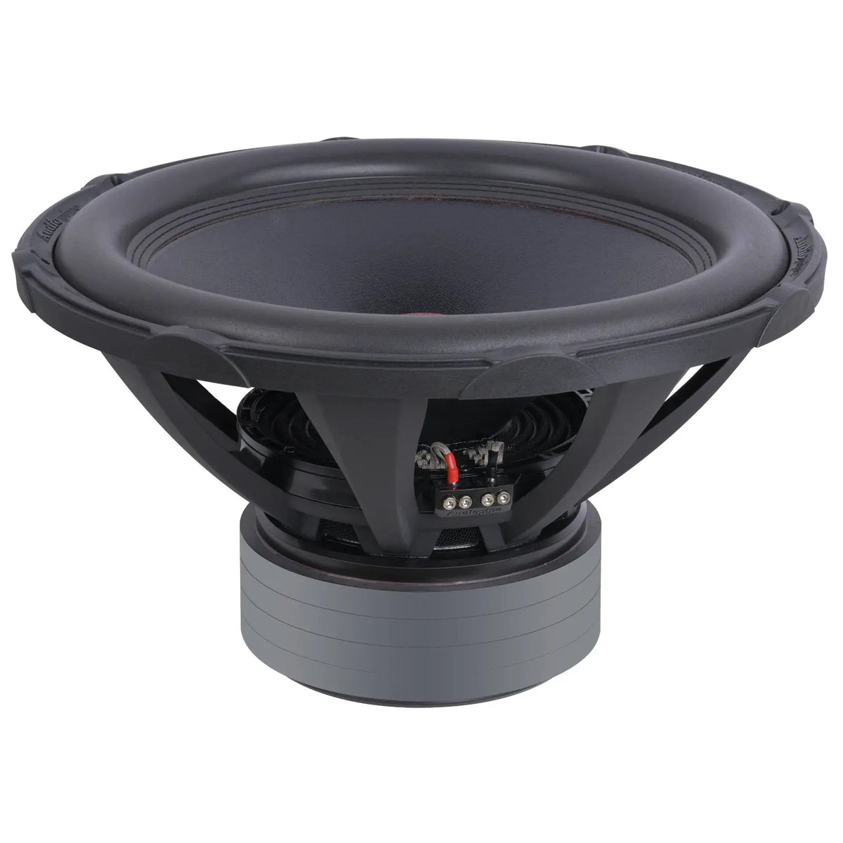 Audiopipe subwoofer, angled view showing the black cone, basket and stacked motor
