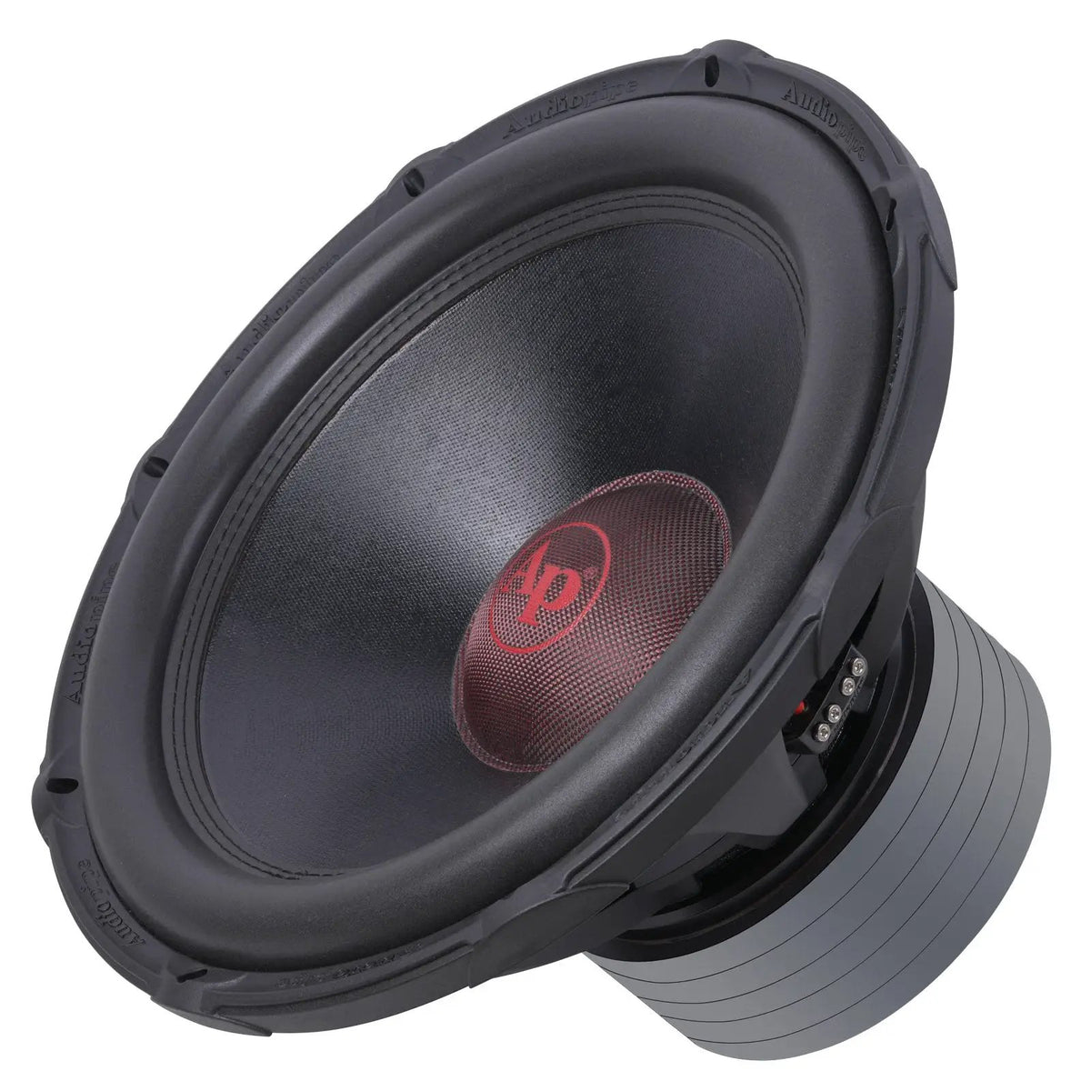 Angled front view of an Audiopipe subwoofer with a red AP logo and tall stacked gray magnet