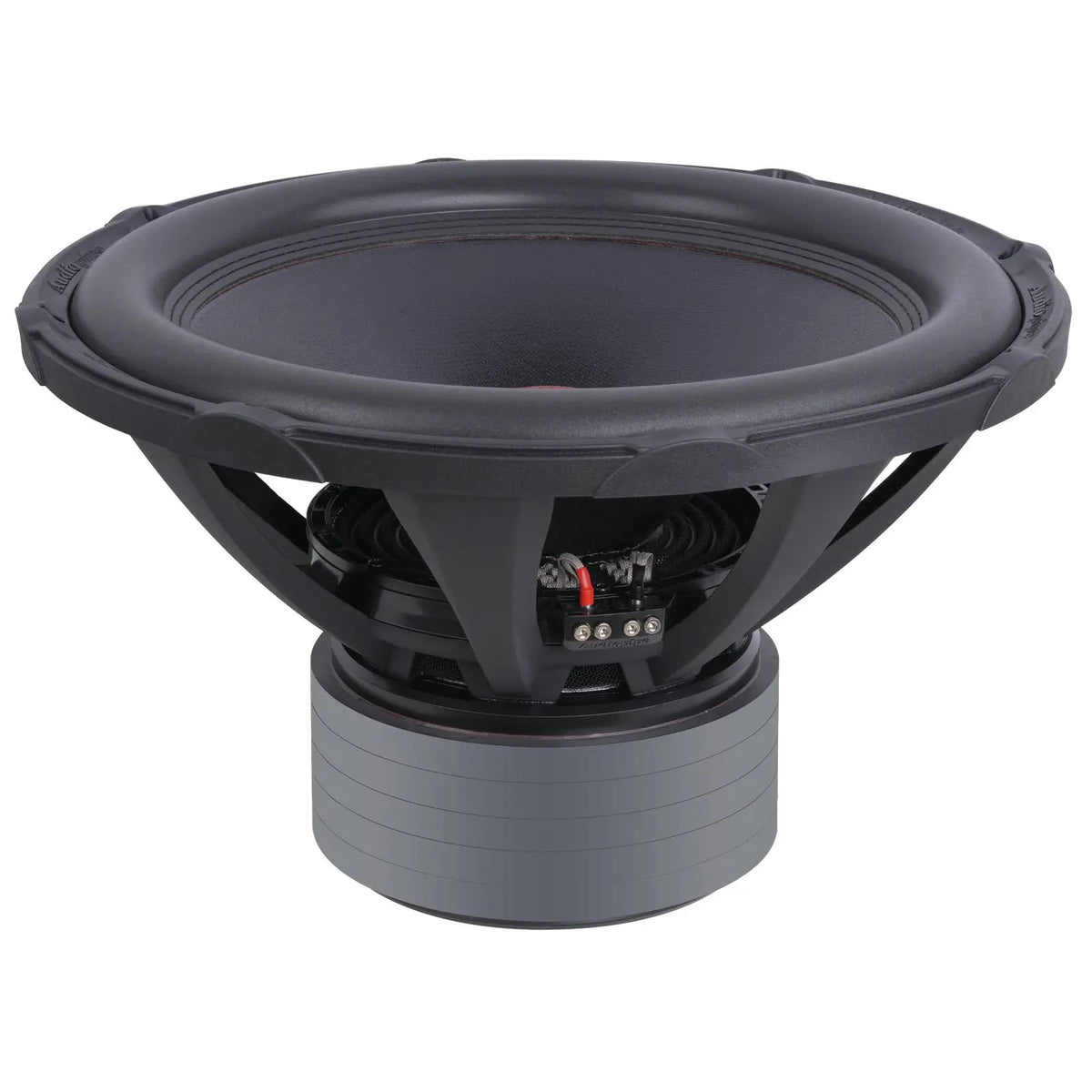 Audiopipe subwoofer viewed from above at an angle, showing its black cone, basket and stacked gray magnet