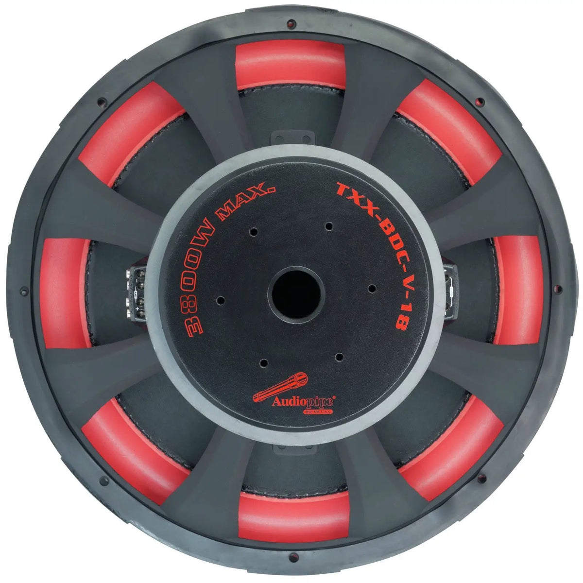Rear view of an Audiopipe subwoofer showing the TXX-BDC-V-18 magnet label and red suspension