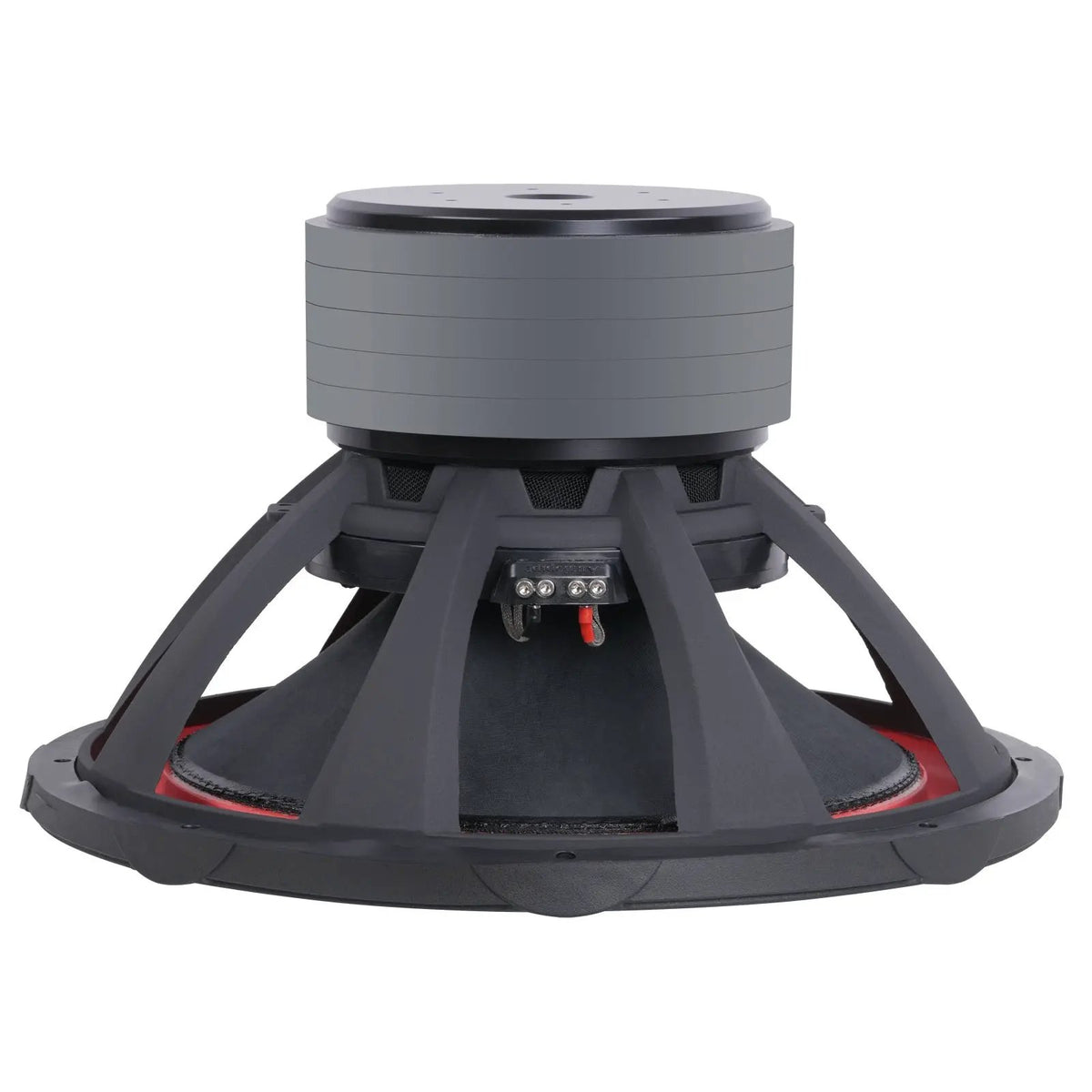 Inverted Audiopipe subwoofer showing a black basket, red suspension and five stacked magnets
