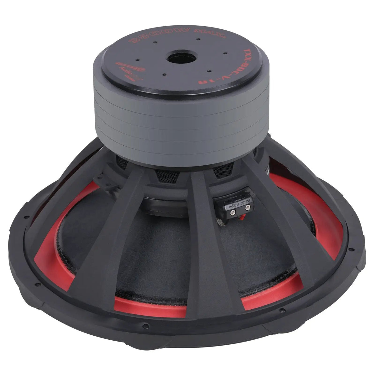 Rear angled view of an Audiopipe TXX-BDC-V-18 subwoofer with a vented stacked magnet and red inner rim
