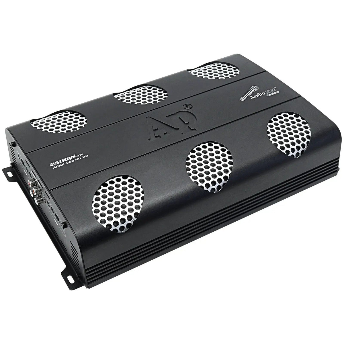 Angled Audiopipe amplifier with six silver mesh vents and its input controls visible at the left