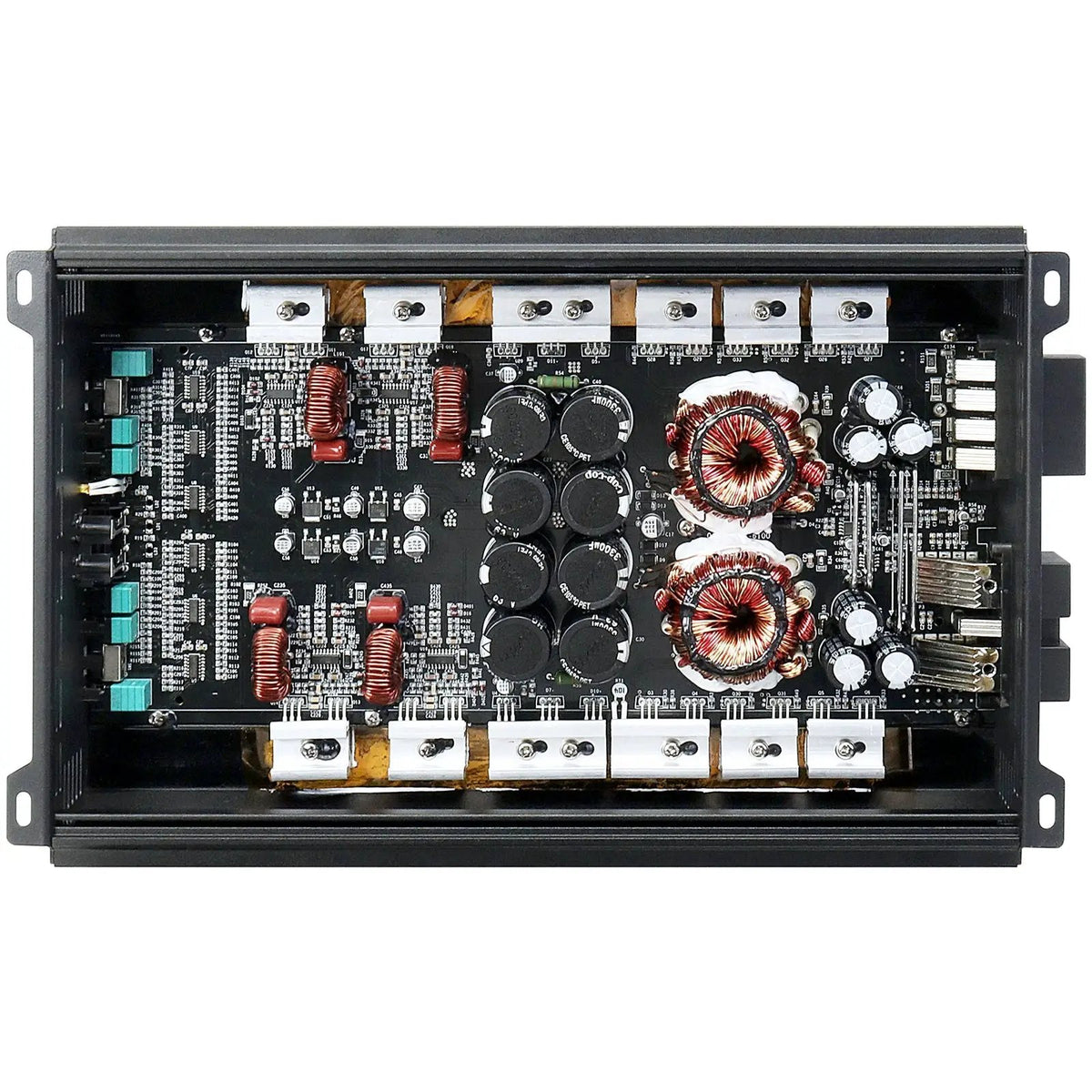 Audiopipe amplifier with its cover removed, exposing the circuit board, coils and capacitors