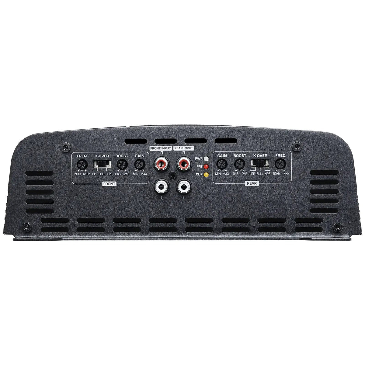 Amplifier input panel showing four RCA sockets and separate adjustment controls