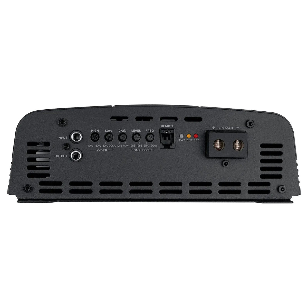 Amplifier signal panel with RCA inputs, adjustment controls, remote socket and speaker terminals