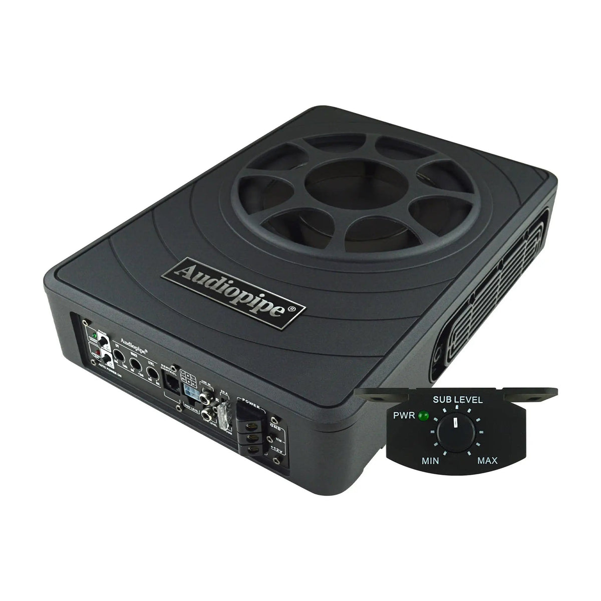 Audiopipe low-profile amplified subwoofer with a remote level control