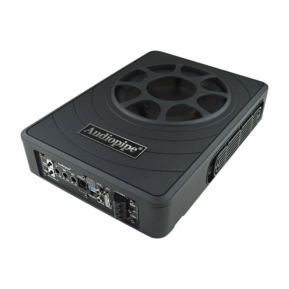 Angled view of a low-profile Audiopipe amplified subwoofer with top grille and end-panel controls