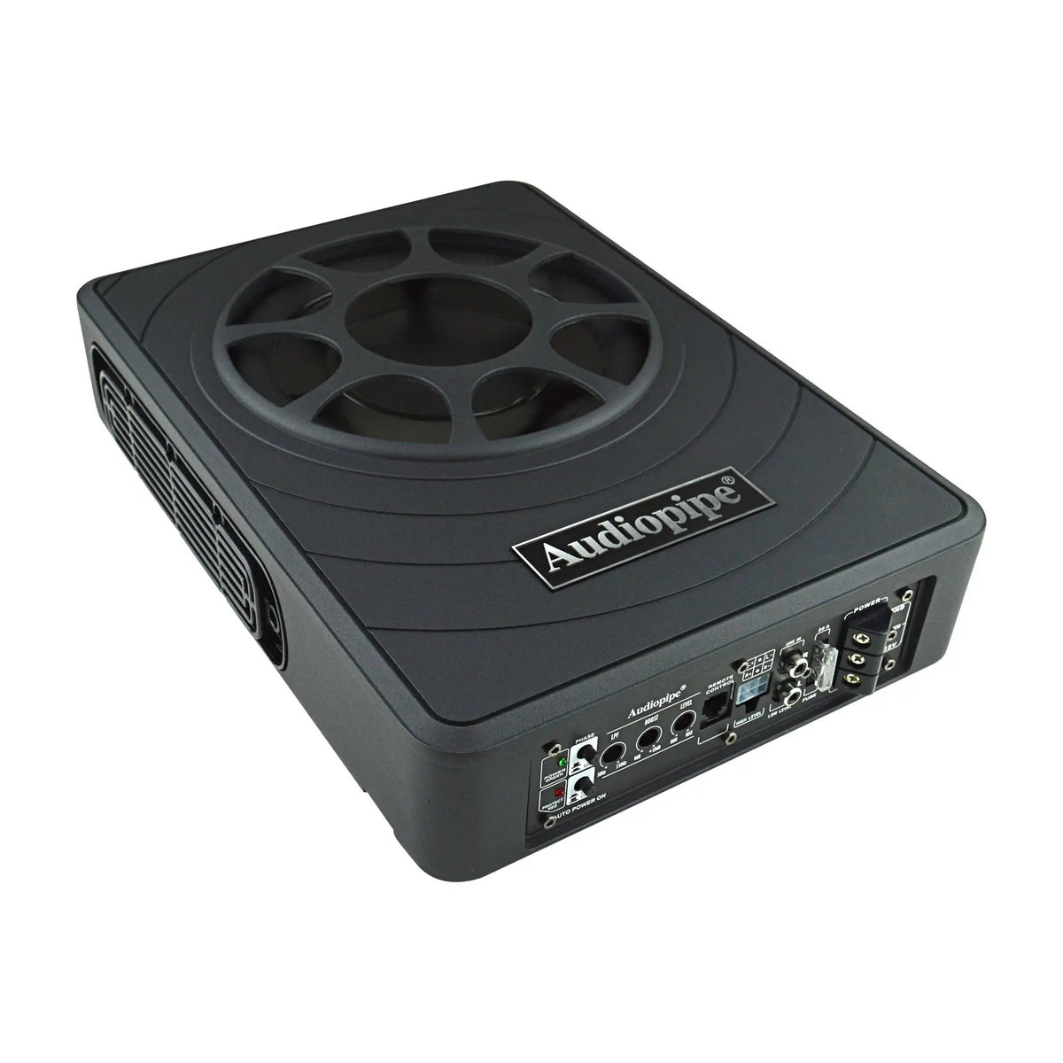 Audiopipe low-profile amplified subwoofer, angled view of the connection panel