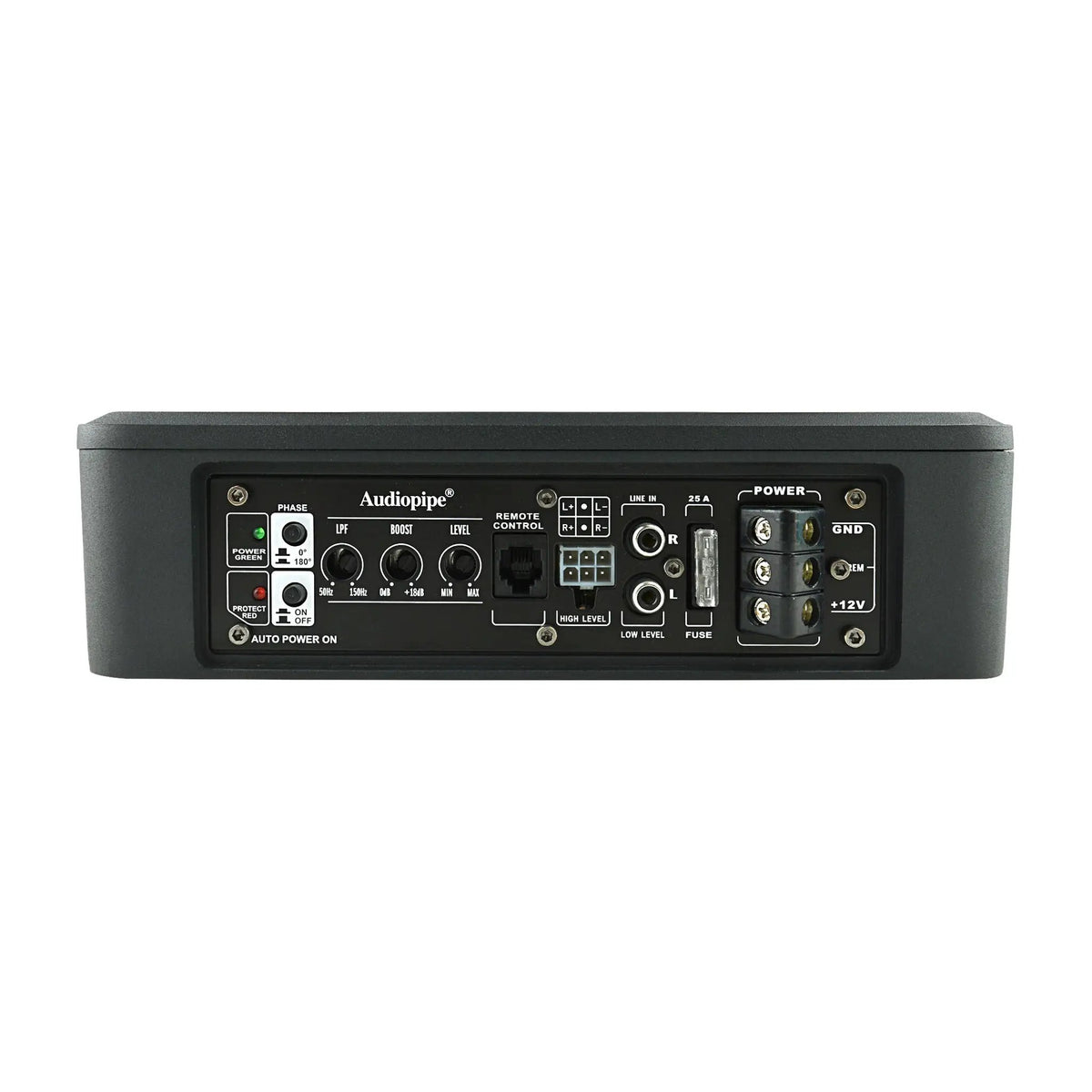 Audiopipe powered subwoofer panel with phase, low-pass, bass boost and gain controls, RCA and high-level inputs, fuse and power terminals