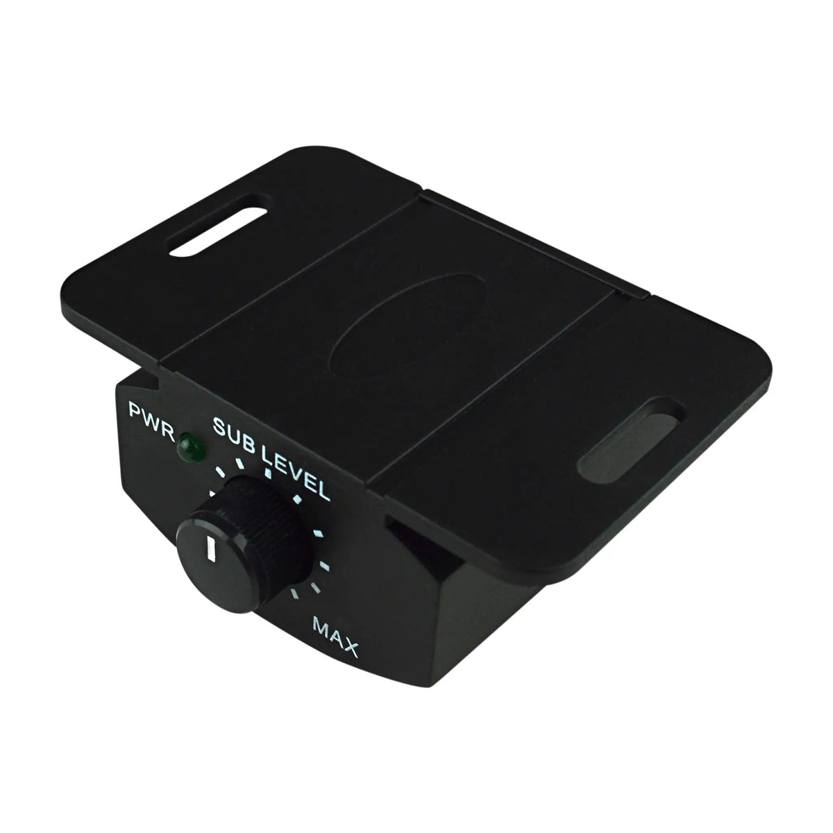 Subwoofer level-control knob and mounting bracket viewed from the opposite corner