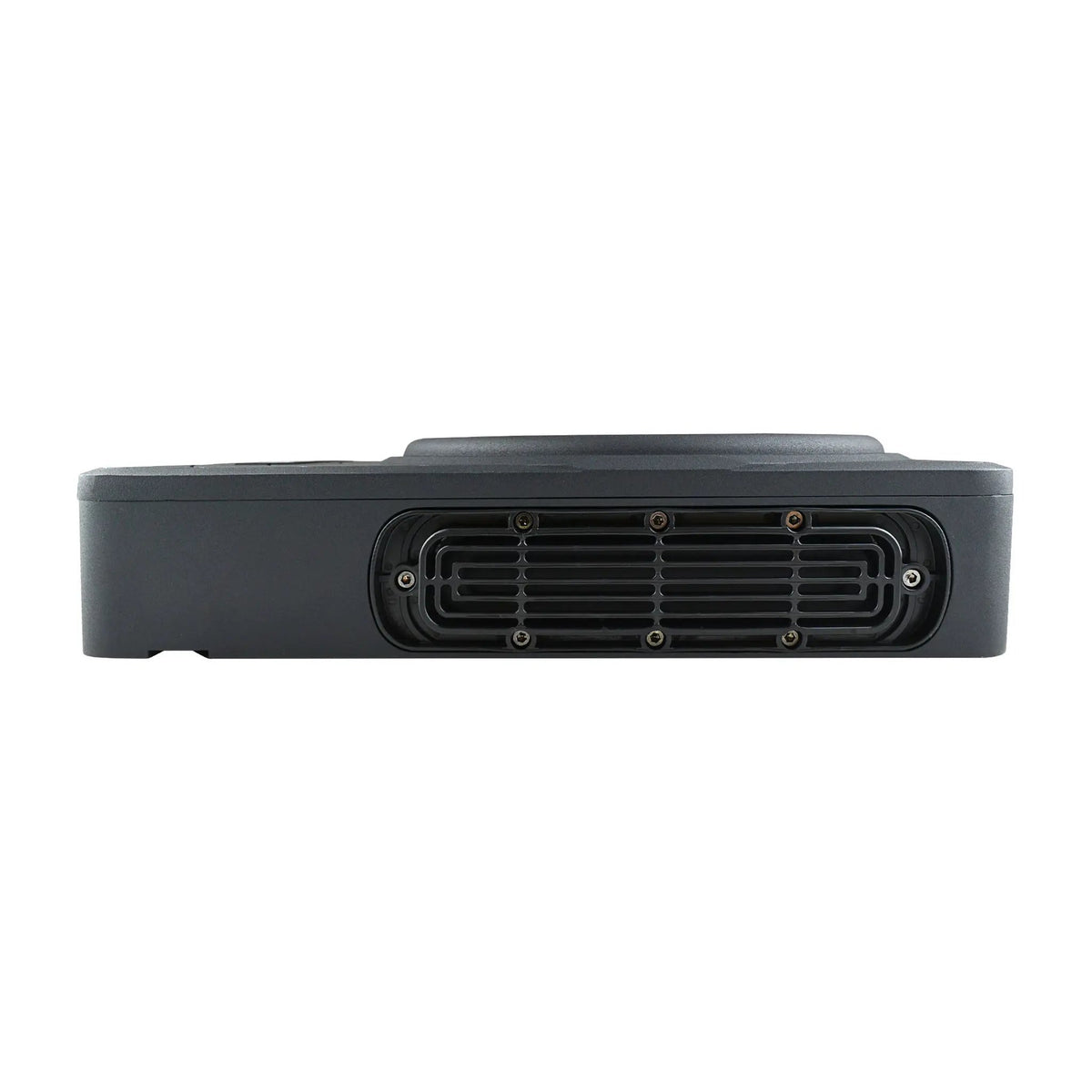 Audiopipe APLP-1030 powered subwoofer end view showing its passive radiator grille