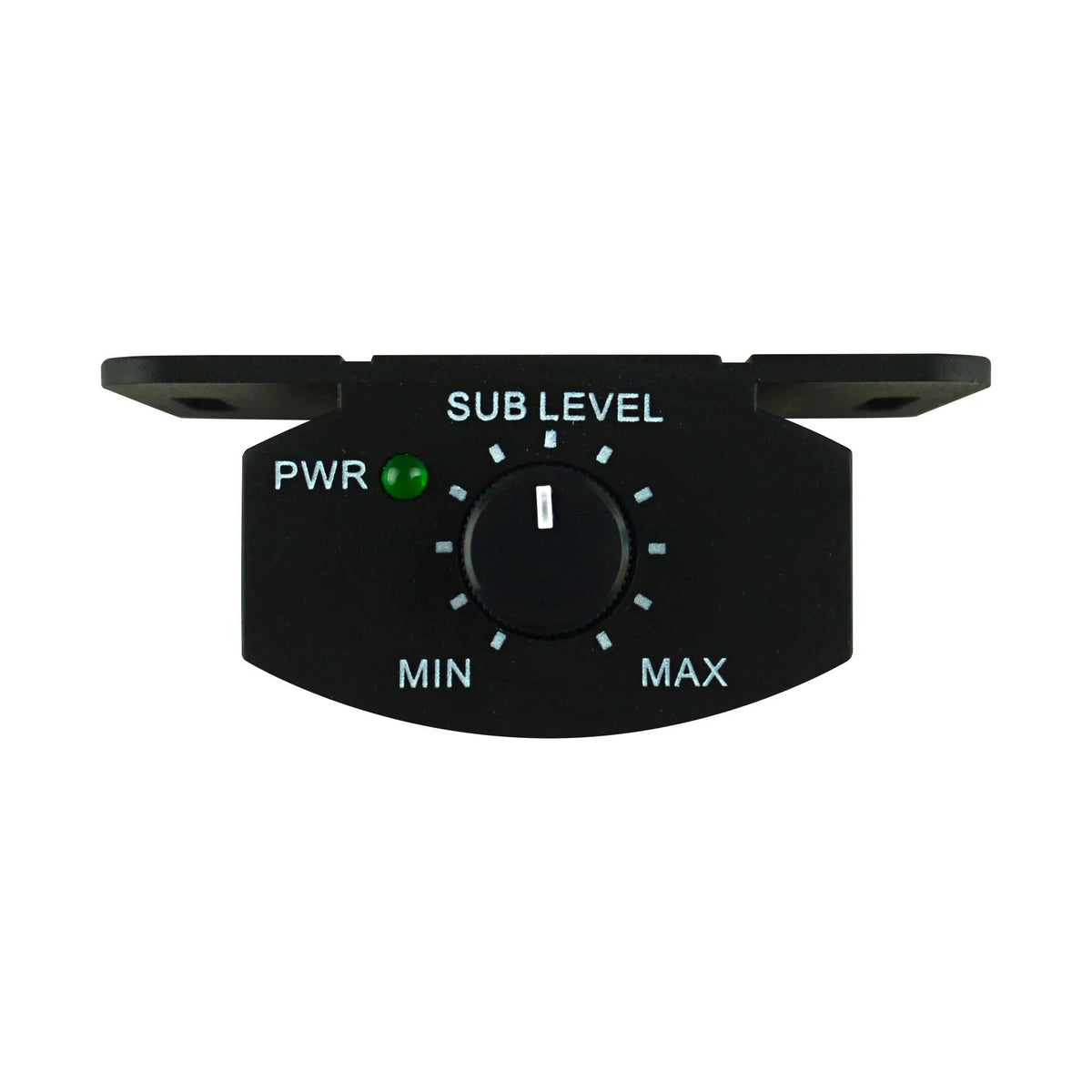 Black bass-level remote with rotary knob and mounting tabs