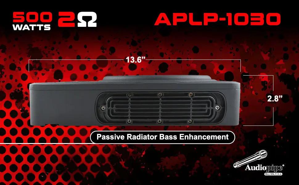 Audiopipe APLP-1030 graphic showing a passive radiator, 13.6-inch length, 2.8-inch height and 500W, 2-ohm labeling