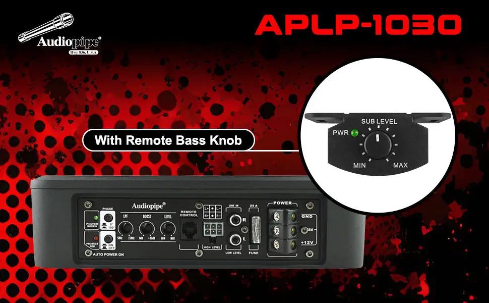 APLP-1030 connection-panel graphic highlighting the remote bass-level control