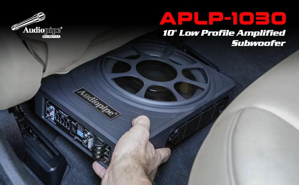 APLP-1030 graphic showing a low-profile subwoofer being positioned beneath a vehicle seat